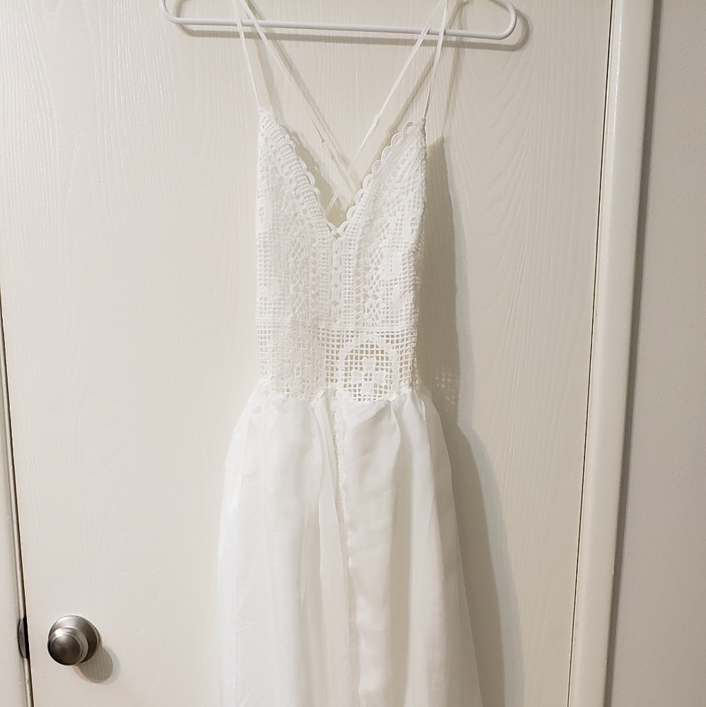 White floor length crochet and mesh dress